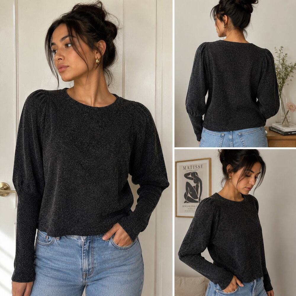 Zara Charcoal Puff Sleeve Knit Sweater Women's Medium Balloon Sleeve Fall Casual